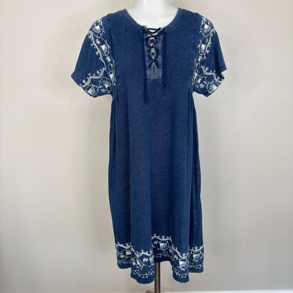 LOFT Dress‎ XS Blue Embroidered Lace-Up Neckline Short Sleeves Cotton Women's